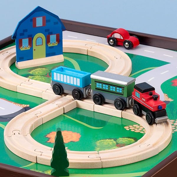 KIDKRAFT 2-IN-1 REVERSIBLE TOP ACTIVITY TABLE WITH 200 BUILDING BRICKS AND 30-PIECE WOODEN TRAIN SET, ESPRESSO, GIFT FOR AGES 3+