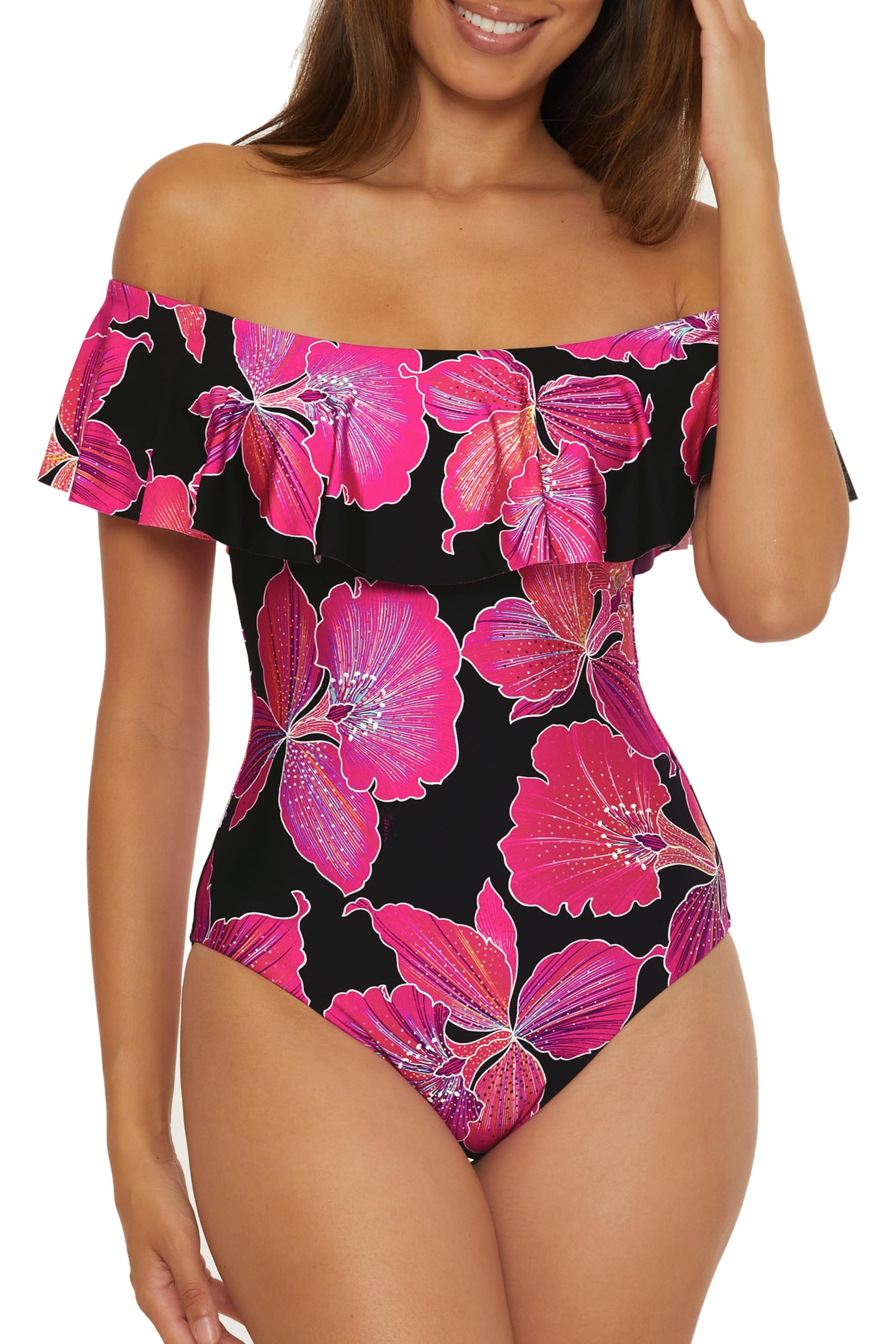 Trina Turk Women’s Standard Ruffle One Piece Swimsuit, Off Shoulder, Bathing Suits, Fleury, 14