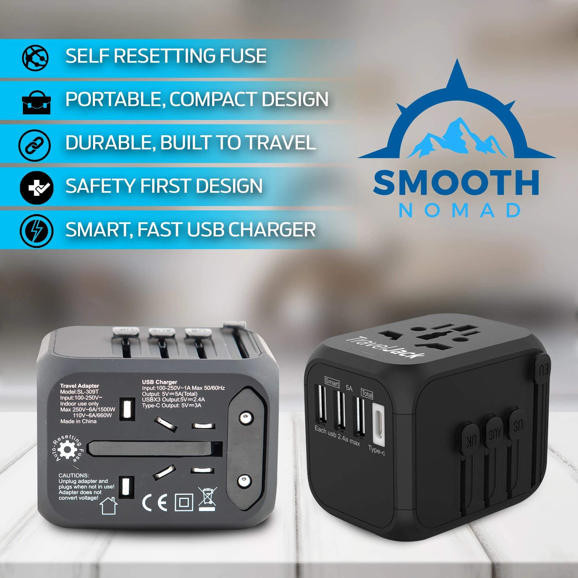 International Travel Adapter - Smart Plug Socket Converter for Europe, Asia, Africa, America - World Travel Adapter with USB, Type-C Wall Outlet Charger - Plug and Lock, Safety Surge Protection