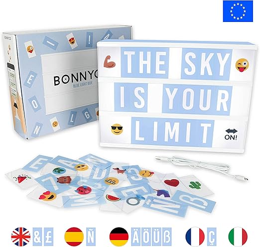 Caja de Luz A4 Azul con 105 Letras, 60 Divertidos Emojis y USB | Con Letras