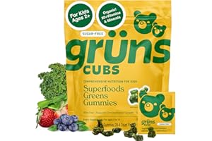 GRÜNS Gruns Kids Vitamins, Super Greens Gummies, Sugar-Free Superfood Gummy Bears With Spirulina, Chlorella, Prebiotics Fiber for Digestive Health, Adaptogens Supplement, 20 Vitamins & Minerals, 28 day Pack