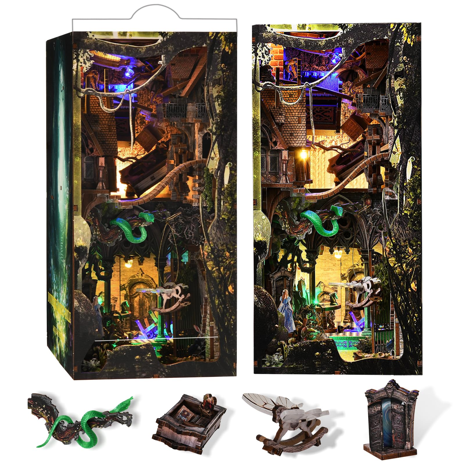 MiniCity Book Nook Kit, DIY Miniature Dollhouse Booknook Kit, 3D Wooden Puzzle Bookend Bookshelf Insert Decor with LED Light for Teens and Adults(Down The Rabbit-Hole Alice in Wonderland) — image 1
