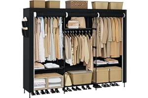 CASAMAYA Portable Closet, 81.1 Inch Extra Large Capacity Wardrobe Closet with Cover, Clothes Storage Organizer with Shelves and 3 Hanging Rods, Easy to Assembly, Black PCT133B01