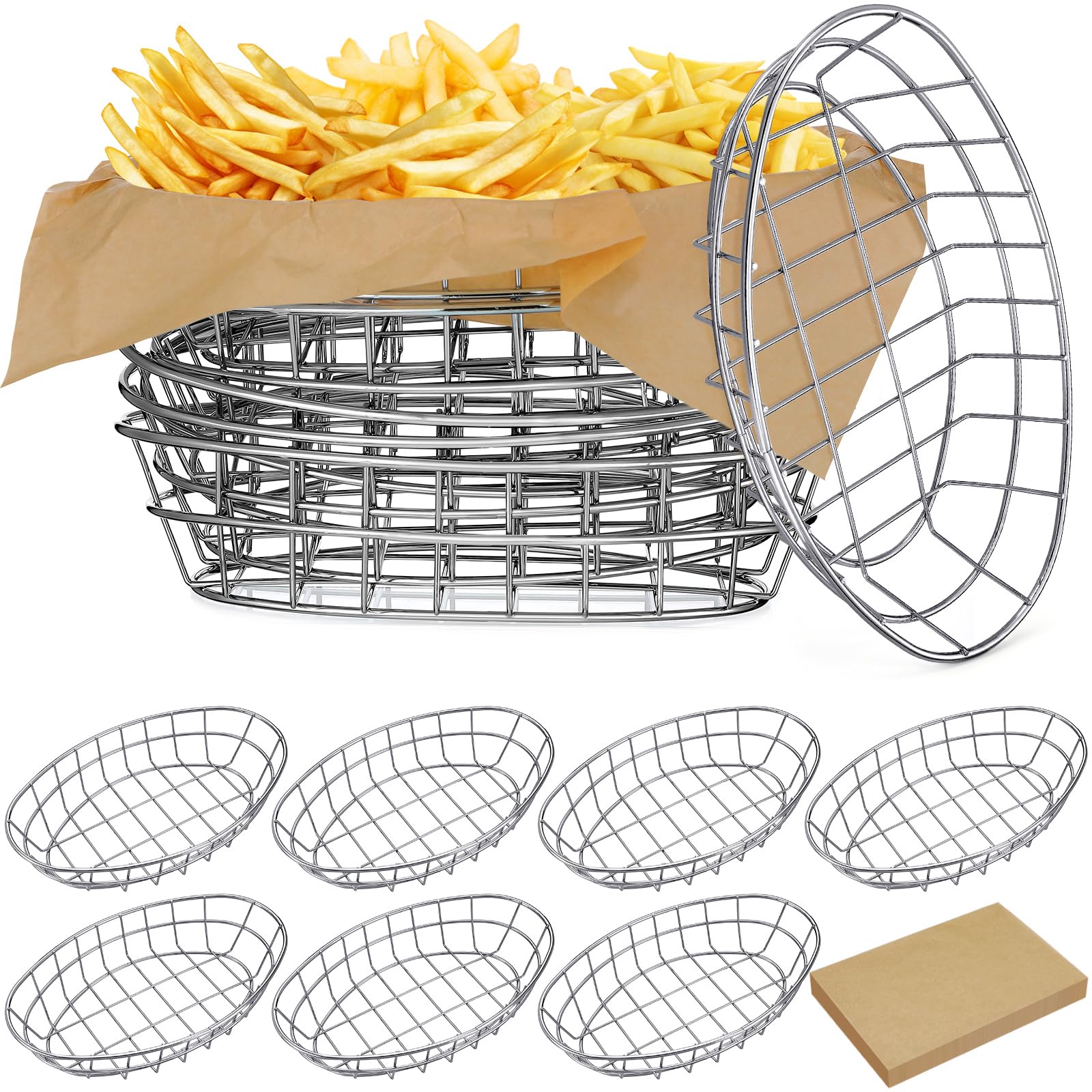 Photo 1 of Hushee 12 Pcs Wire Bread Basket Bulk 9.5x6.2x2.2 Inch Oval Metal Dinner Roll Baskets for table Serving Fruit Bowl with 50 Deli Wrapper Paper for Restaurant Kitchen Fast Food