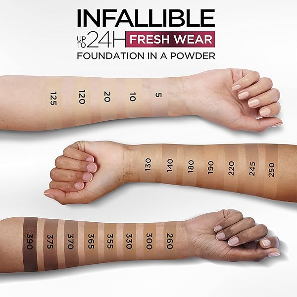 L’OREAL PARIS MAKEUP INFALLIBLE FRESH WEAR FOUNDATION IN A POWDER, UP TO 24H WEAR, WATERPROOF, RADIANT HONEY, 0.31 OZ.