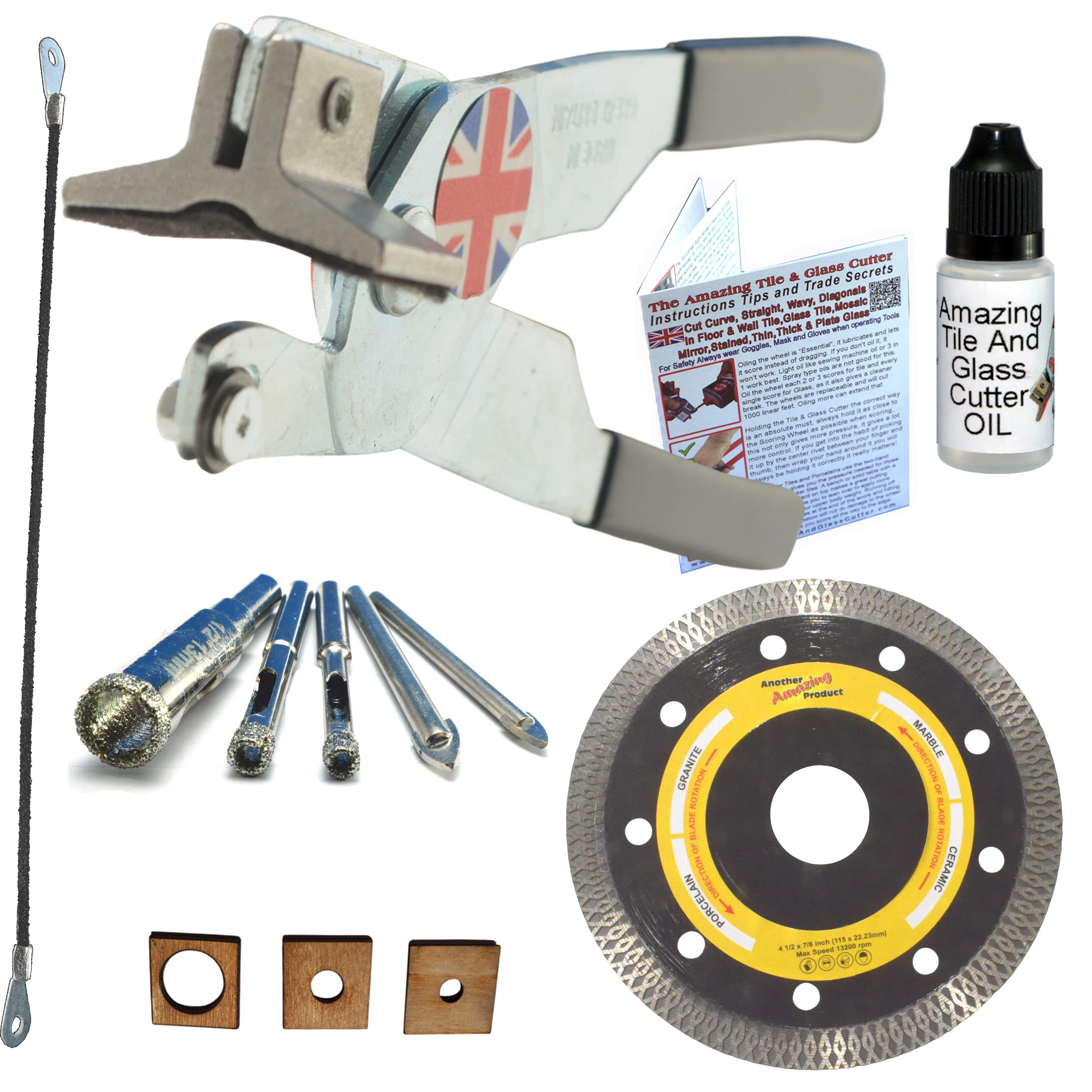 Tile Cutter Kit - 4.5" Grinder Blade for Corners & Sockets, Hacksaw Blade for Notches, Diamond Drill Bits for Tile & Glass