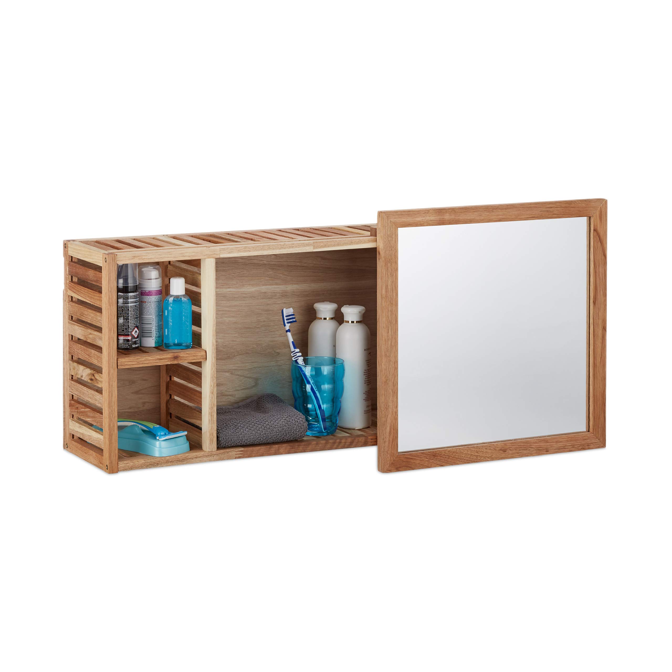 Relaxdays Mirror Bathroom Cabinet, Walnut Wood, Sliding Mirror, Oiled Wood, 80 cm Long, Natural Brown