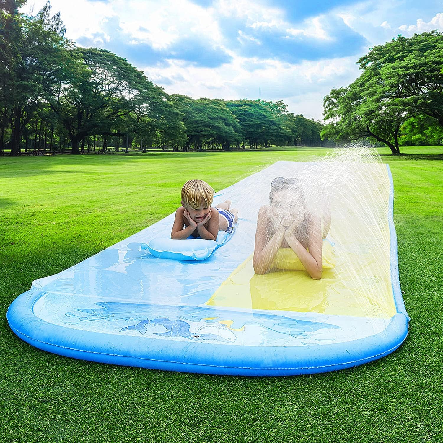 Pomeat 20ft x 62in Slip and Slide Water Slide with 2 Bodyboards, Shark Water Slip Slide for Kids with Sprinkler, Outdoor Summer Water Toy for Backyard, Lawn, Garden, Summer Water Party: Health & Personal Care
