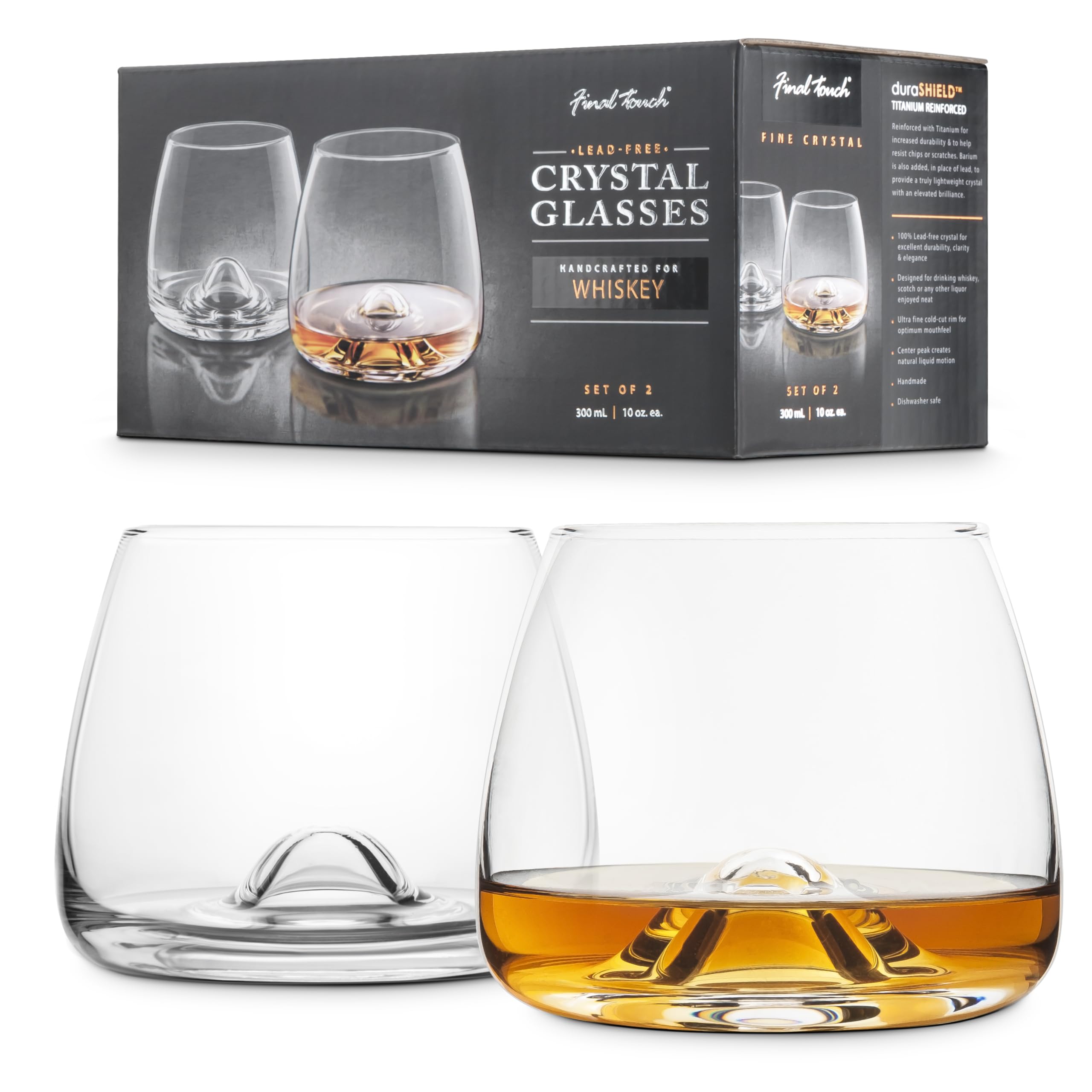 Final Touch 100% Lead-Free Crystal Whisky Glasses, Whiskey Glasses, Made with DuraSHIELD Titanium Reinforced for Increased Durability, High 9 cm, 300 ml, Pack of 2