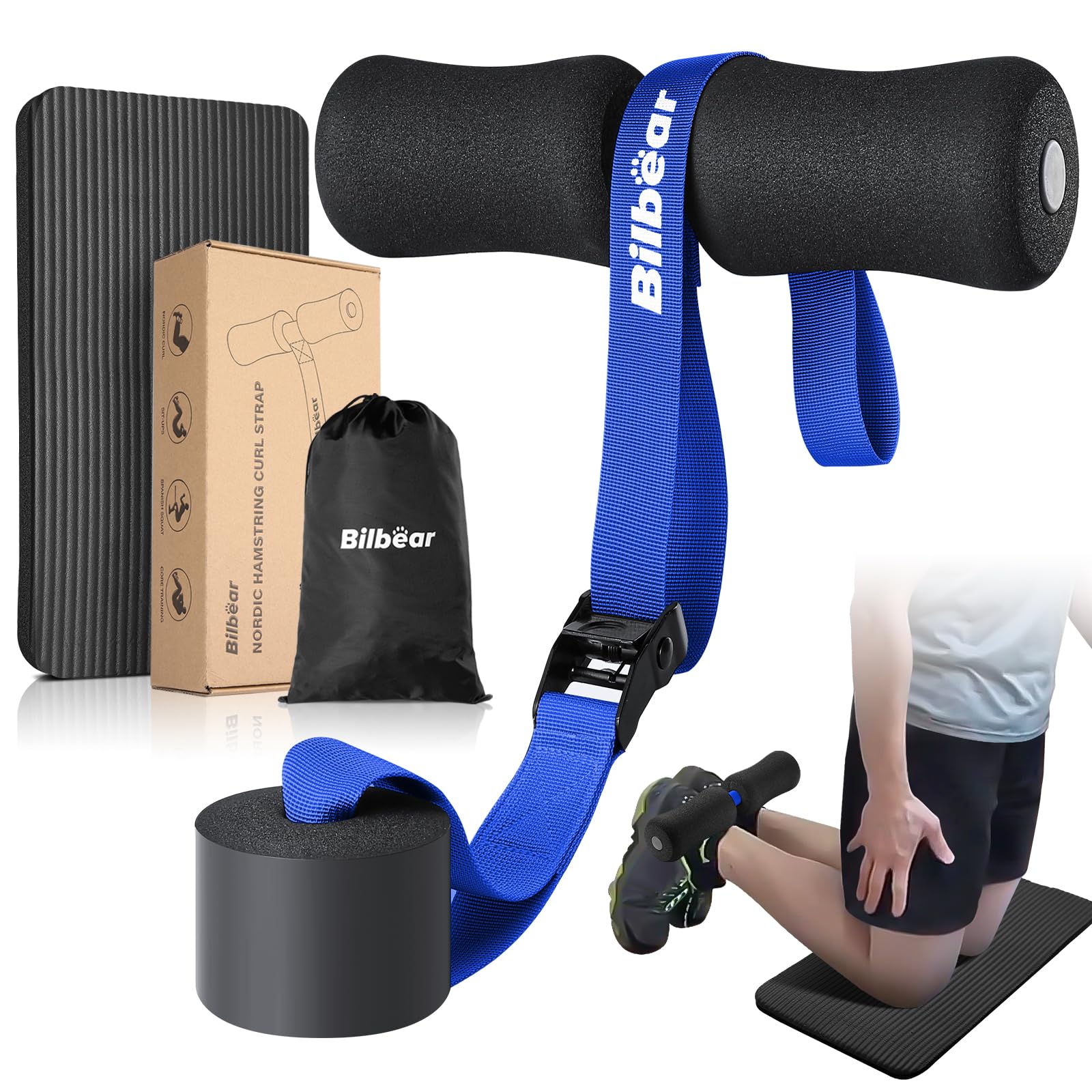 Bilbear Adjustable Nordic Curl Strap with Kneeling Mat,Portable Hamstring for Curls,Leg Curls,Hamstring Stretch,Crunch,Sit-ups,Nordic Machine at Home,Withstand 400lbs, Blue