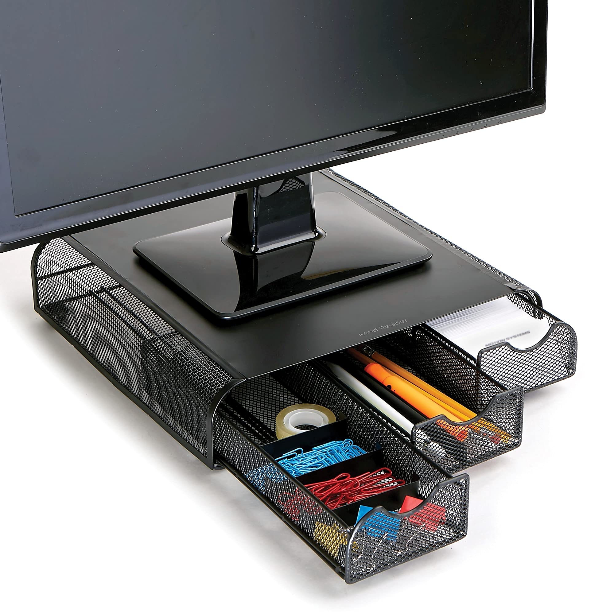 Mind Reader Monitor Stand, Ventilated Laptop Riser, Desktop Organizer, Storage, Metal Mesh, 13.25" L x 12.5" W x 3" H, Black
