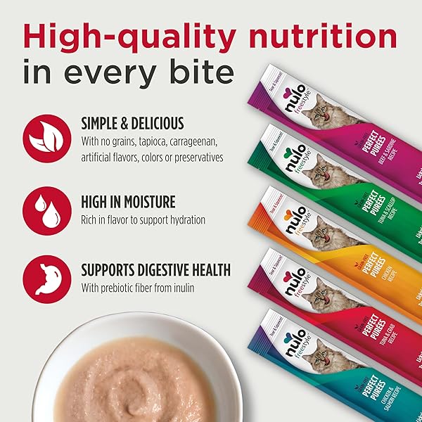 NULO FREESTYLE GRAIN-FREE PERFECT PUREES PREMIUM WET CAT TREATS, SQUEEZABLE MEAL TOPPER FOR FELINES, HIGH MOISTURE CONTENT TO SUPPORT HYDRATION, 0.5 OUNCES IN EACH LICKABLE WET CAT TREAT POUCH