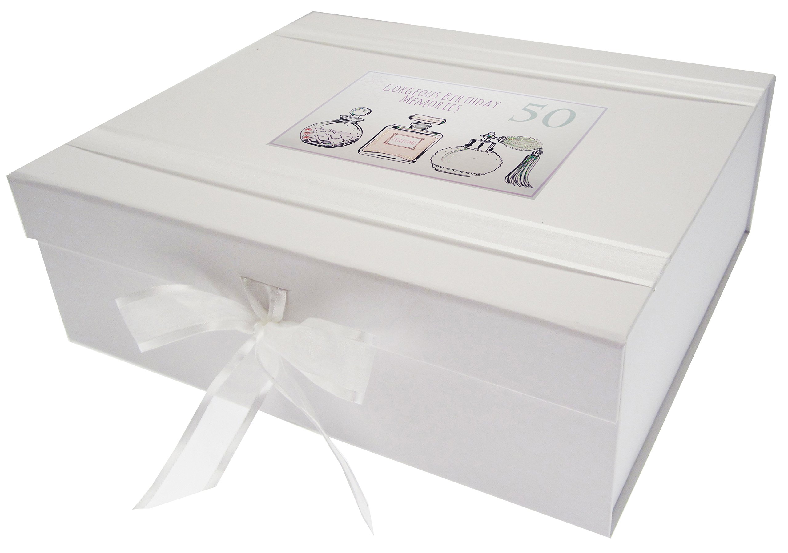 White Cotton Cards 50th Birthday, Large Keepsake Box, Perfume Bottles, White