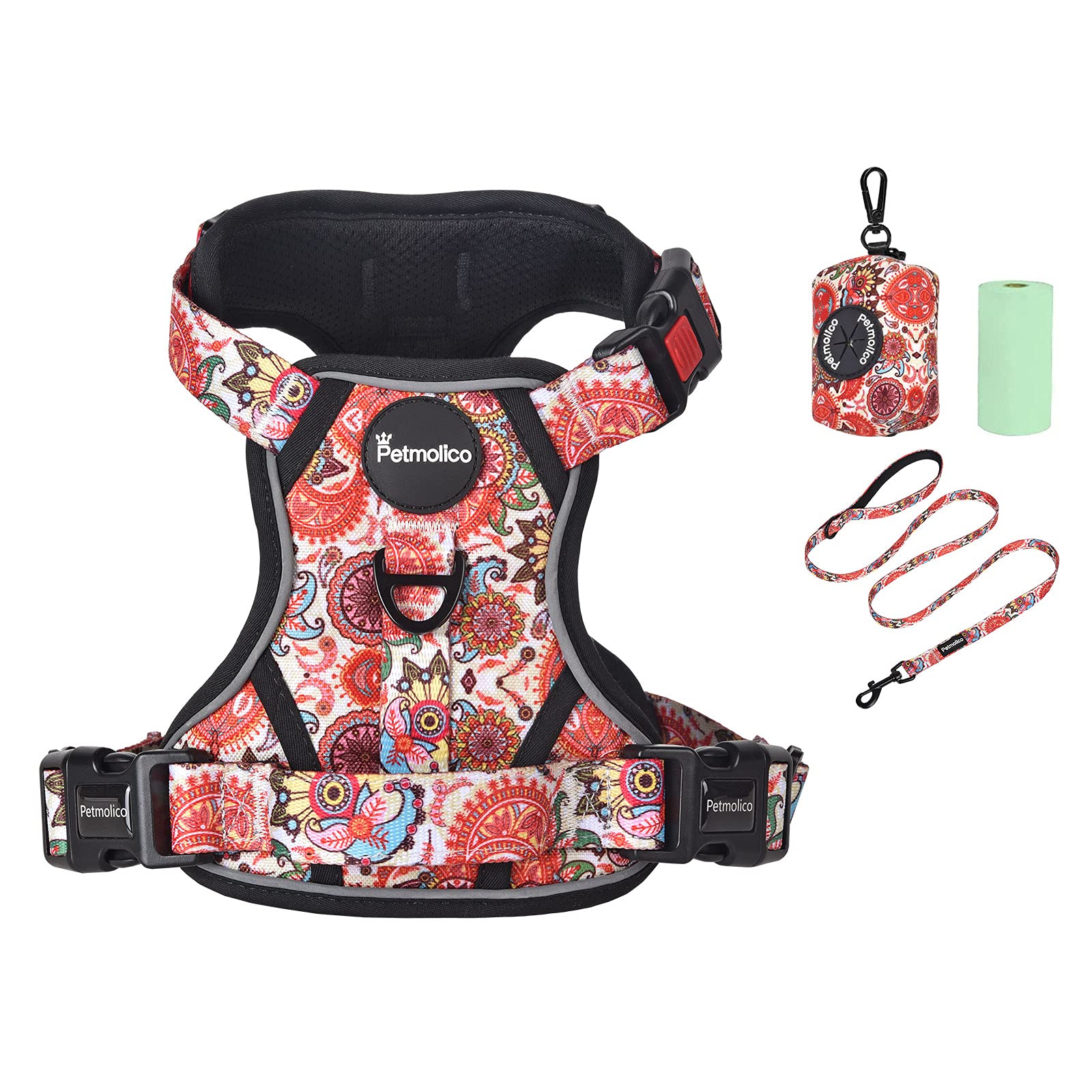 Petmolico No Pull Dog Harness Set with Leash Attachment Easy Control Handle Reflective Harness Vest Small Breed, Puppy Vest and Leash Set with Poop Bag Holder, Small - Boho Floral