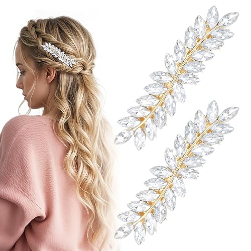2pcs Gold Crystal Hair Clips accessories，Ymapinc Leaf Shape Rhinestone Hair Clip for Women，Vintage Accessories for Bride and Bridesmaid Pins
