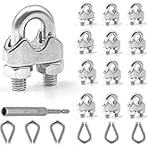 Lyrlidr 12 Pcs M4 Wire Rope Clamps Cable Clamps 6 Pcs 5/32”Wire Rope Thimble U Bolt Saddle Fastener 304 Stainless Steel Cable Clamps