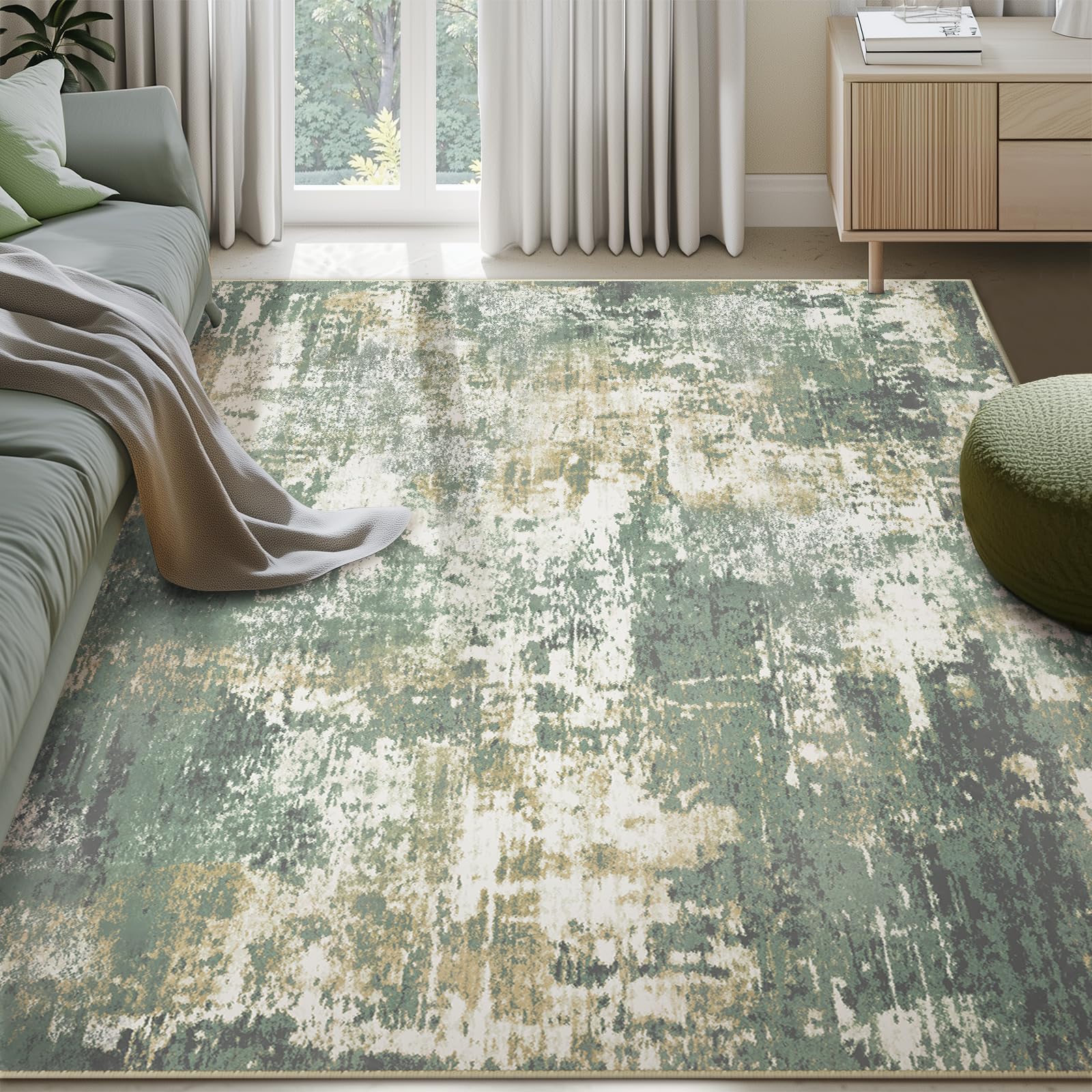 Photo 1 of RELEANY Washable Area Rugs 5'x7' Non-Slip Modern Abstract Soft for Living Room Entryway Bedroom Nursery, Print Pattern, Light Green/Yellow