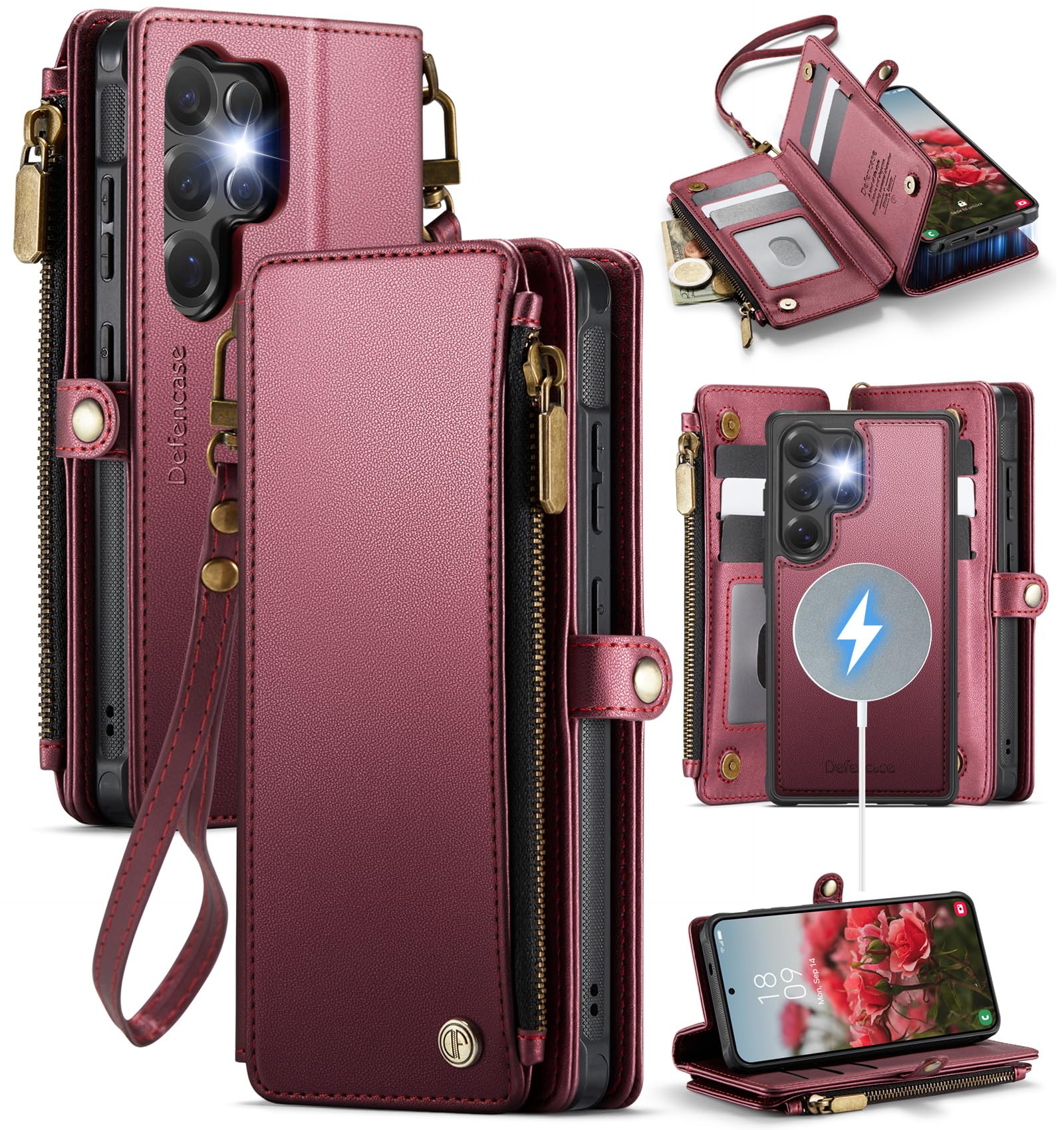 Photo 1 of Defencase for Samsung Galaxy S25 Ultra Magnetic Wallet Case Compatible with Magsafe with RFID Blocking Zipper & Card Holder Women, PU Leather Detachable Phone Case for Galaxy S25 Ultra 6.9", Wine Red