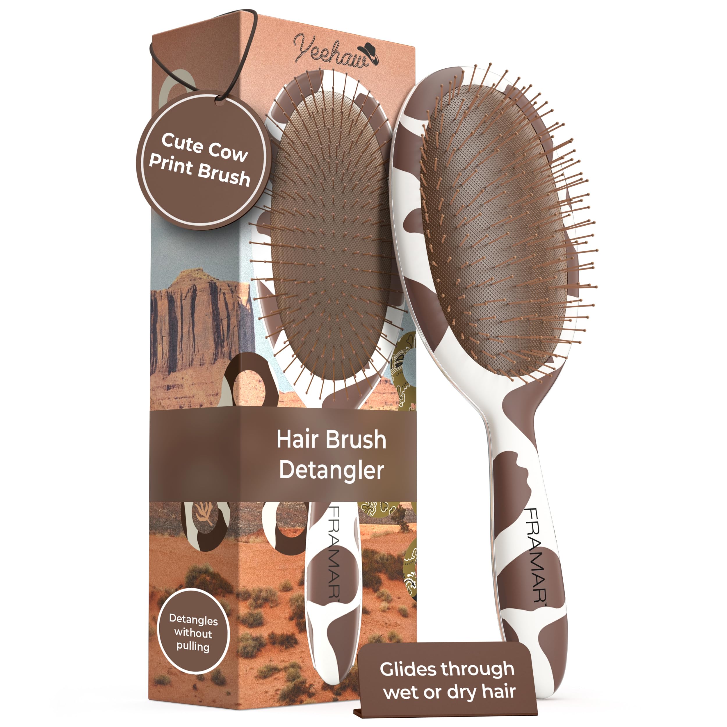 FRAMAR Curly Hair Detangler Brush – Detangler Brush For Curly Hair Cow Print Hairbrush For Curly Hair, Wet Hairbrushes For Woman, Womens Hair Brush For Thick Hair Cute Cow Stuff Brush Hair - Cow Print