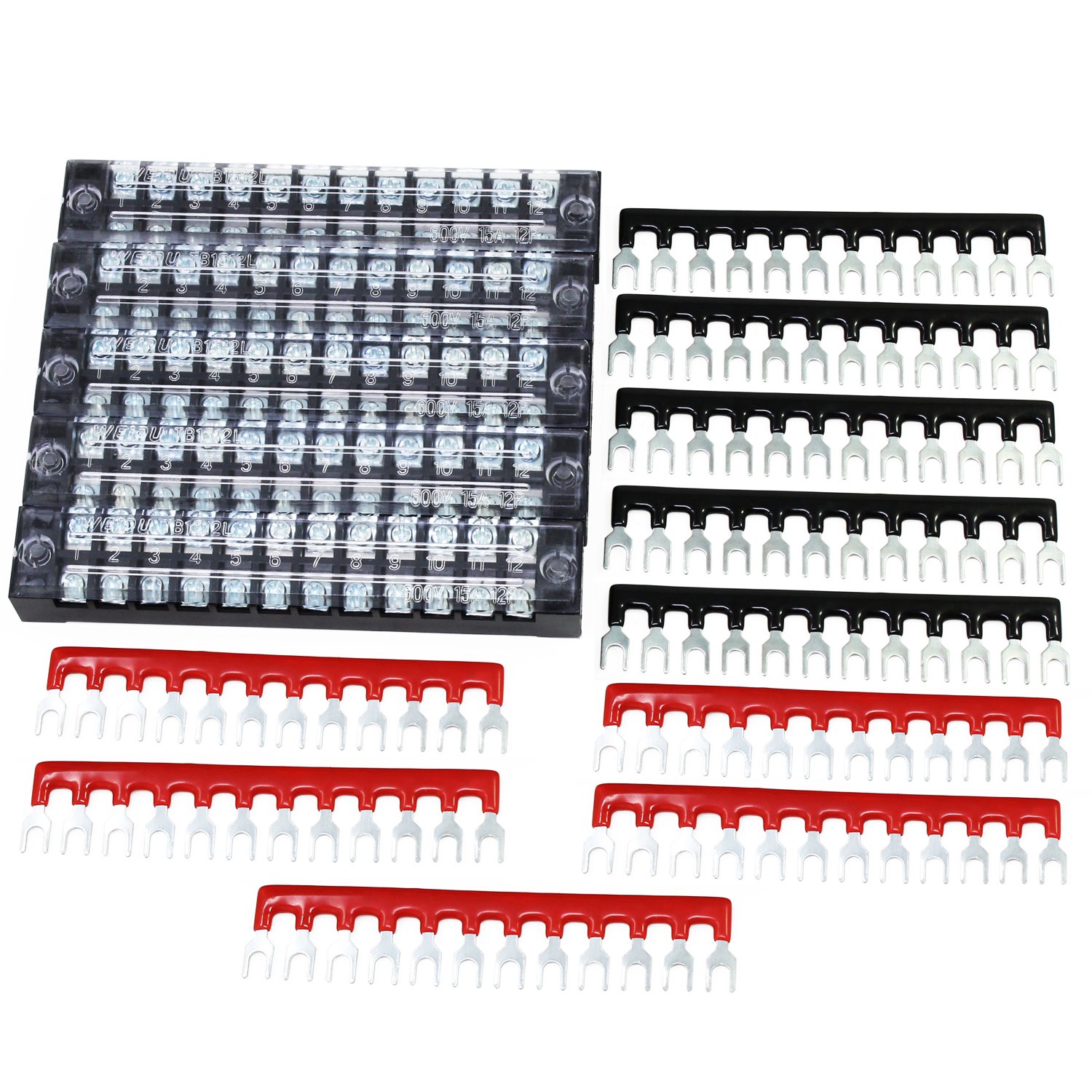 HSEAMALL 5 Sets Terminal Block 12Position 600V 15A Dual Row Screw Terminal Strip With 400V 15A Red and Black Insulated Terminal Barrier Jumper Strips