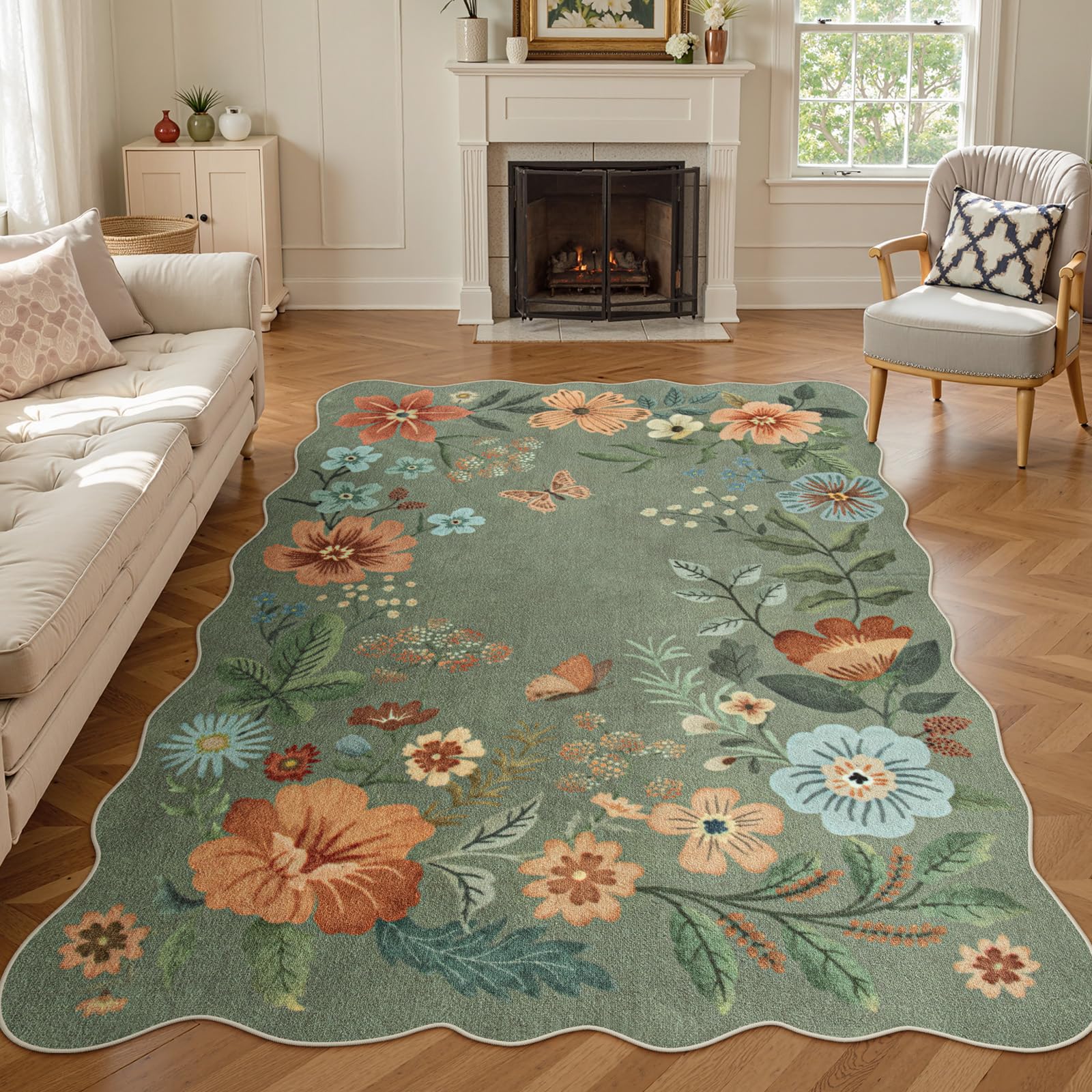 Photo 1 of Lahome Floral Living Room Rugs, Area Rugs 5x7 Rug for Bedroom Ultra-Thin Soft Rug, Non-Slip Washable Rugs Stain Resistant Boho Low-Pile Throw Carpet for ?Dining Room Office (5x7ft,Green)