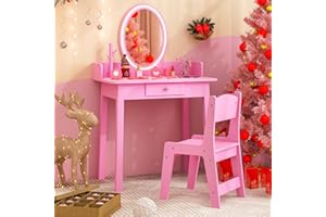 Costzon Kids Vanity, Girls Vanity Set with Mirror and Stool and Lights, Drawer, Jewelry Rack, 2 in 1 Wooden Princess Makeup Desk Dressing Table, Kids Vanity Table and Chair Set (Pink)
