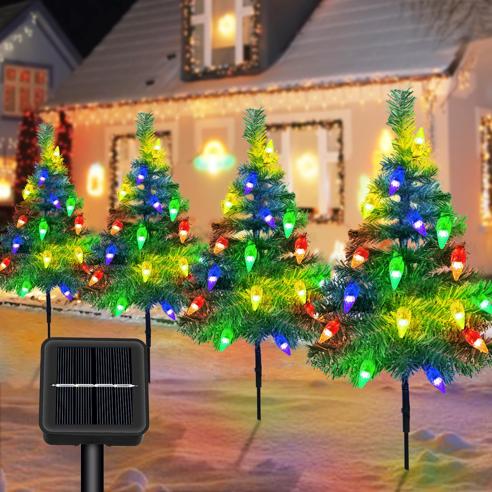 Christmas Tree with Solar Light Outdoor, 4 Pack Tree with Strawberry String Lights, Outdoor Christmas Decorations with 80Led C6 Lights, Xmas Decorations Garden Pathway