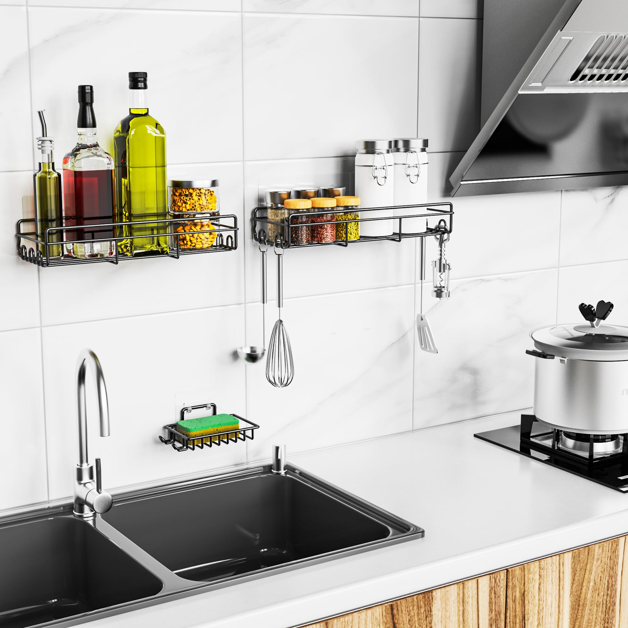 Moforoco 3-Pack Shower Caddy Basket Shelf with Soap Holder, No Drilling Traceless Adhesive Shower Wall Shelves, Rustproof Black Bathroom Shower Storage Organizer