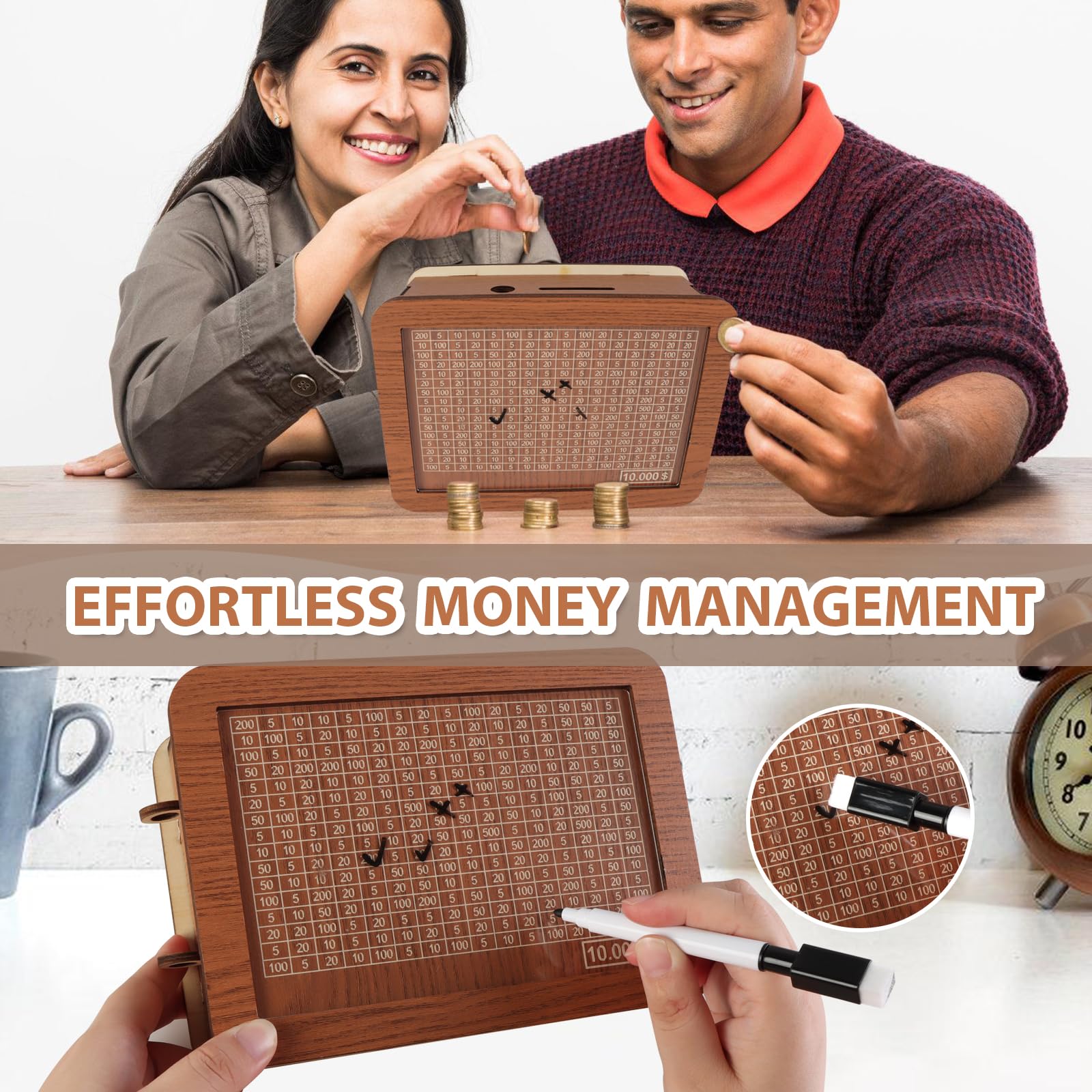 Cash Vault Wooden Savings Box,10000 Savings Challenge Box, Money Saver Box 10k Smash,Wooden Cash Savings Box with Money Target and Numbers (10000 Dollar)