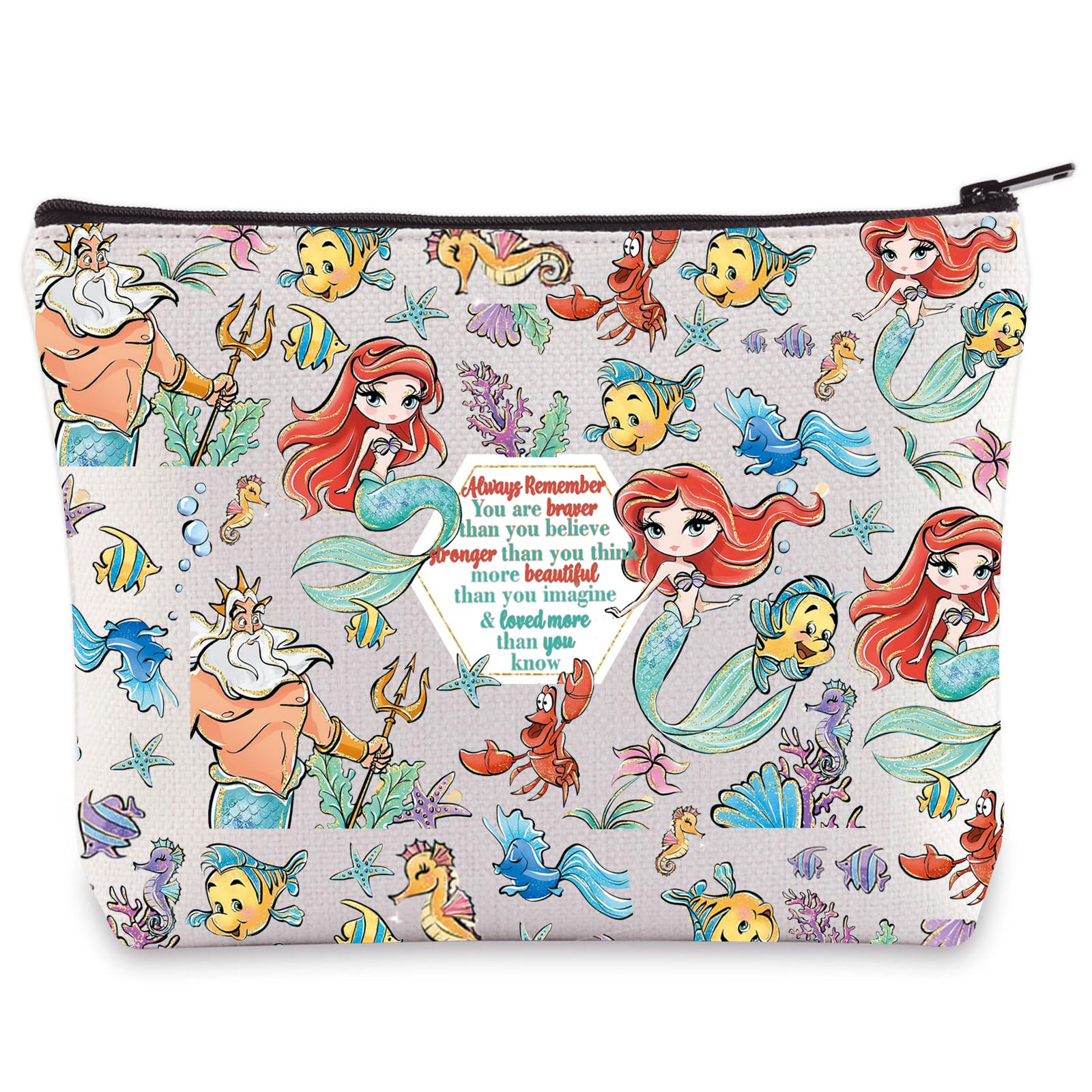 WZMPA Princess Mermaid Cosmetic Bag Fairy Tales Fans Gift You Are Braver Stronger Beautiful Than You Know Mermaid Movie Makeup Zipper Pouch Bag, Always Mermaid, Cosmetic Bag
