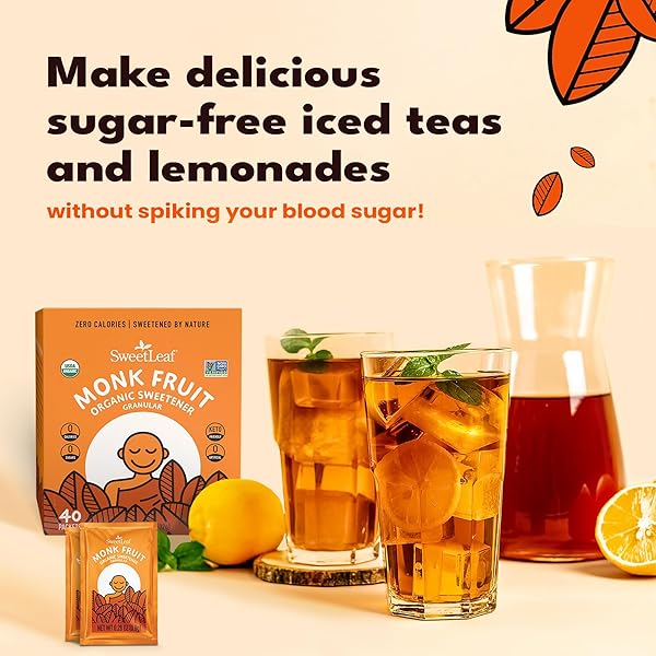 SWEETLEAF ORGANIC MONK FRUIT SWEETENER, GRANULAR – KETO FRIENDLY NATURAL SUGAR SUBSTITUTE FOR COFFEE, TEA, AND BAKING, ZERO CALORIE, ORGANIC MONK FRUIT, NON GMO, SUGAR FREE – 40 INDIVIDUAL PACKETS