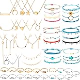 Batiyeer 60 Pcs Christmas Surfer Wave Friendship Bracelet Layered Choker Pendant Necklace Adjustable Multilayer Chain Bracelet Anklets Knuckle Rings for Women Xmas Gifts(Fresh)