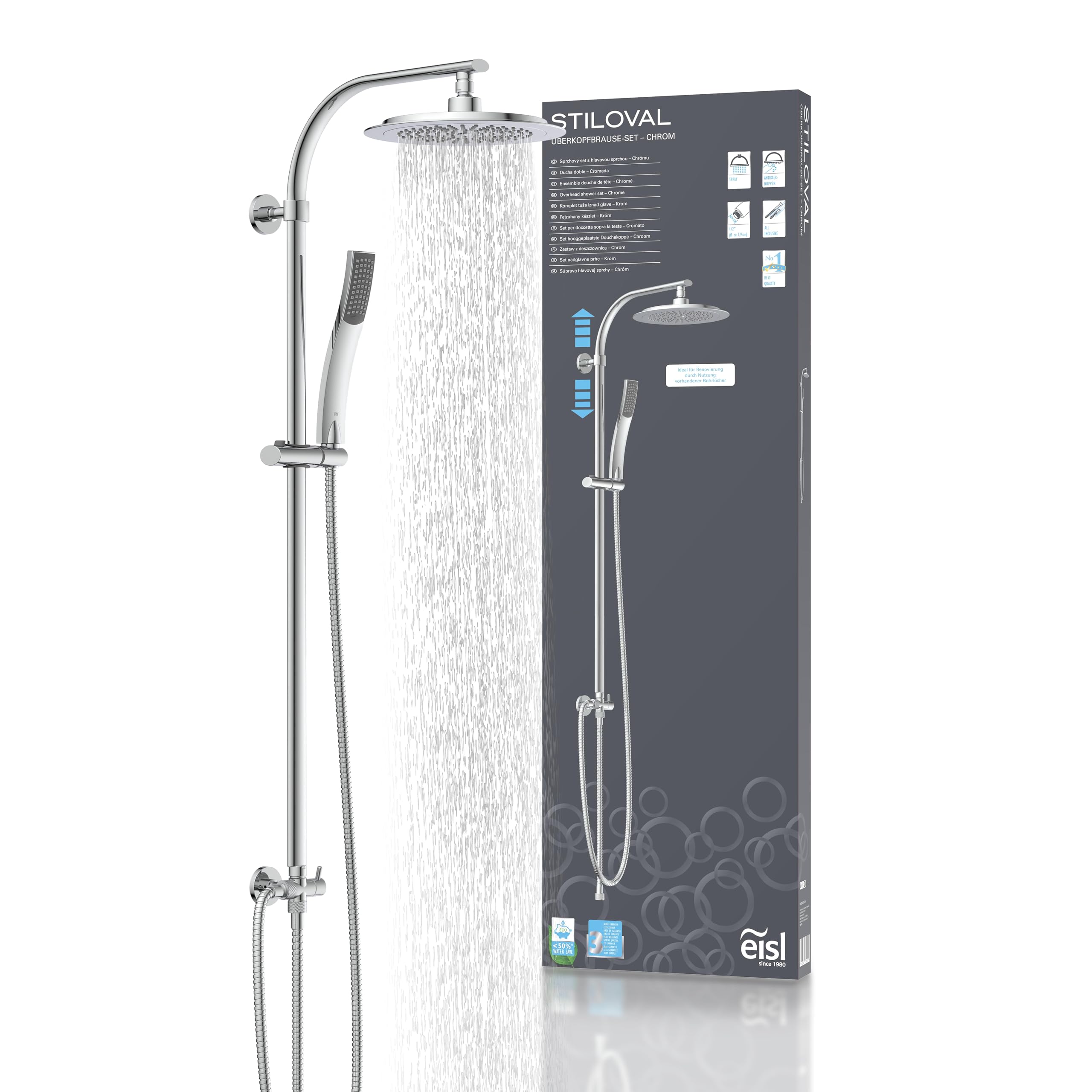 EISL STILOVAL Shower Set, Shower Column 2 in 1 with Large Rain Shower (Diameter 240 mm) and Hand Shower, Ideal for Retrofitting by Using Existing Drill Holes, Complete Mounting Kit, Chrome