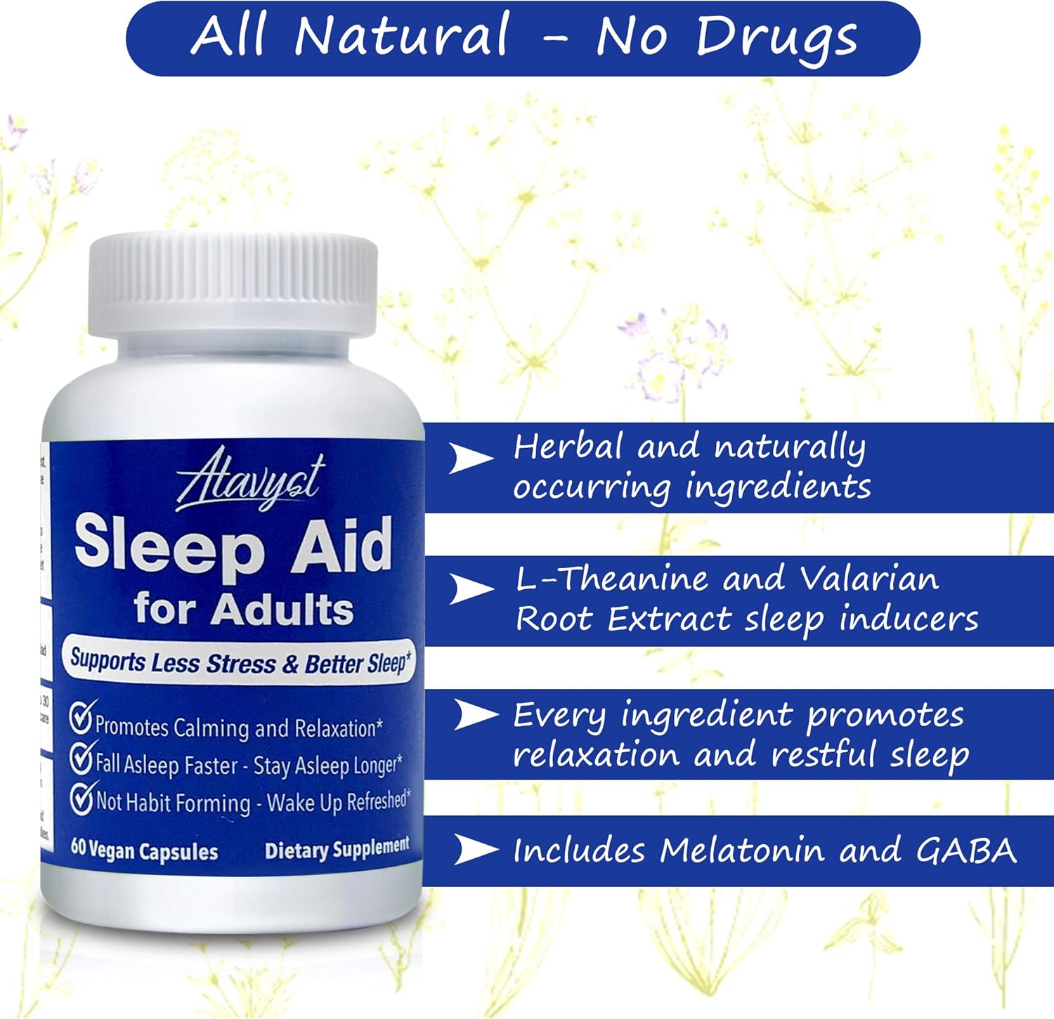 Atavyst Sleep Aid for Adults - Supports Relaxation, Calming and Sleep - Valerian Root, L-Theanine, Melatonin and GABA - Includes Extracts of Chamomile, Passion Flower, Lemon Balm and Hops: Health & Personal Care