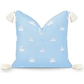 Hofdeco Premium Coastal Hampton Style Patio Indoor Outdoor Throw Pillow Cover Only, 18"x18" Water Repellent Summer for Backyard, Couch, Baby Blue Embroidered Palm Leaf Tassel