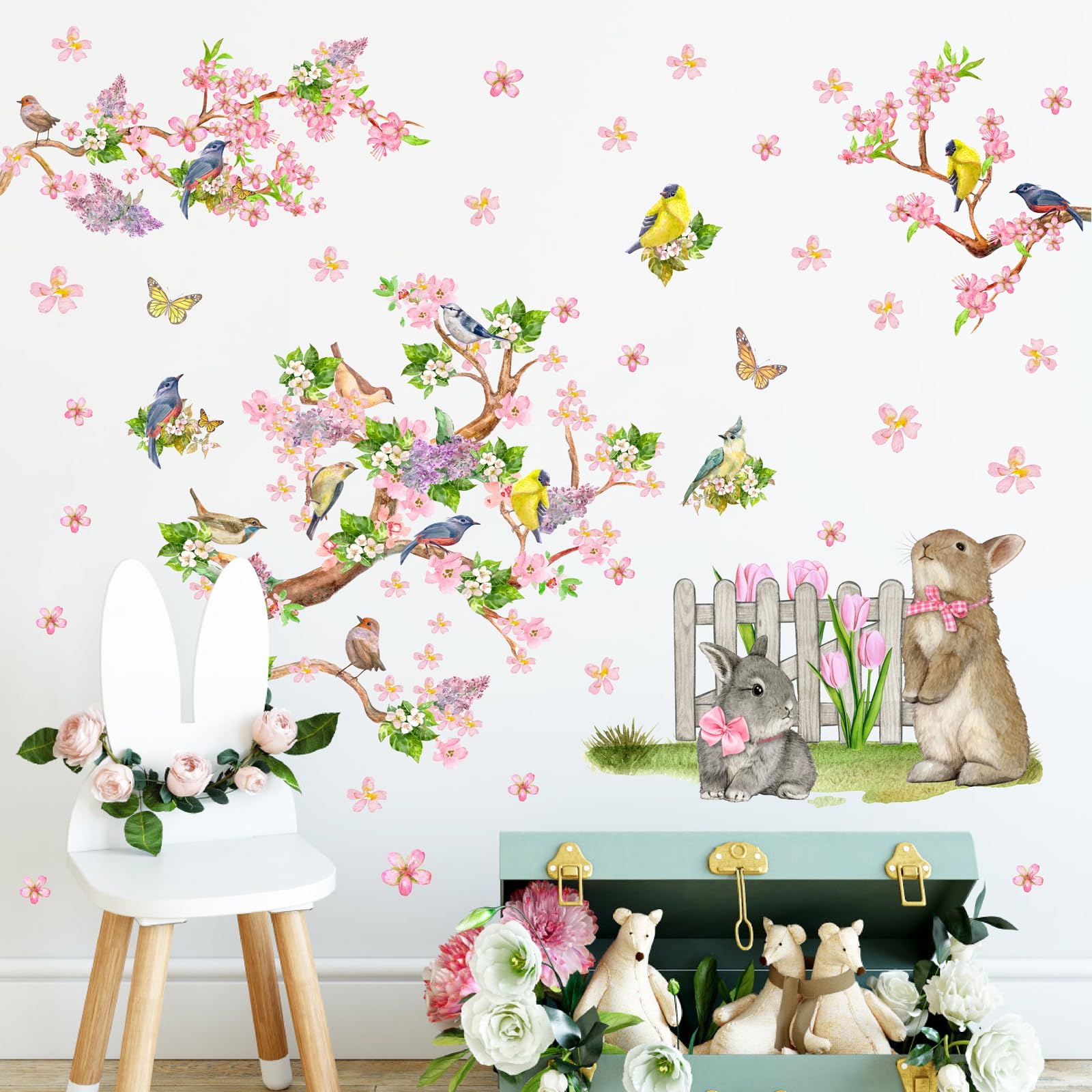 Tree Branch Birds Window Decals Cherry Blossom Flower Wall Stickers Cute Rabbit Bunny Stickers Decor Removable Summer Pink Floral Wall Mural fDecals for Kids Baby Girls Bedroom Nursery Art Home Decor