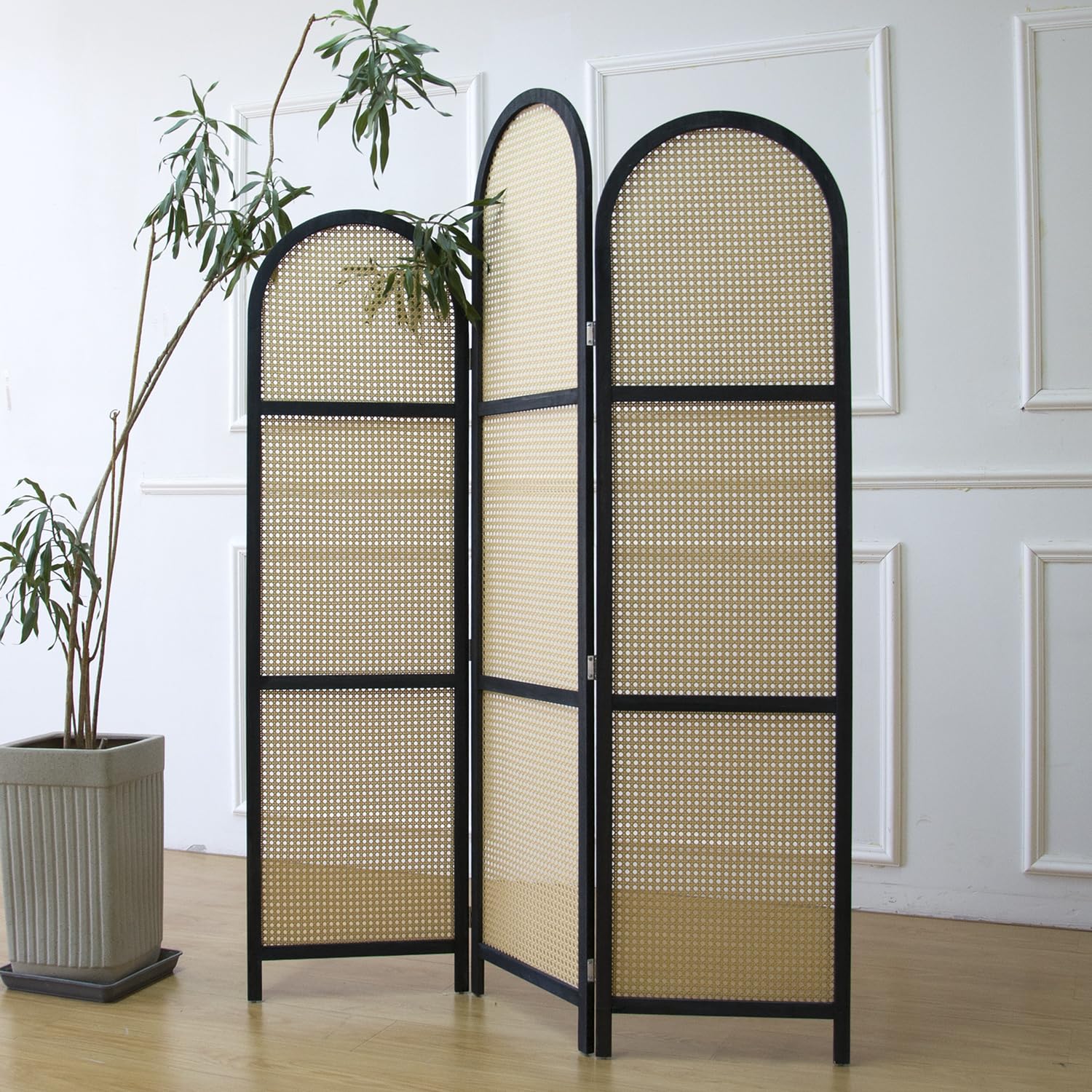 Photo 1 of Furnnylane 3 Panel Room Divider Screen and Folding Panel Screen in Arch Shape and High Low Design,Double Sided Rattan Divider for Room Separation,70.9" H x 53.1" W