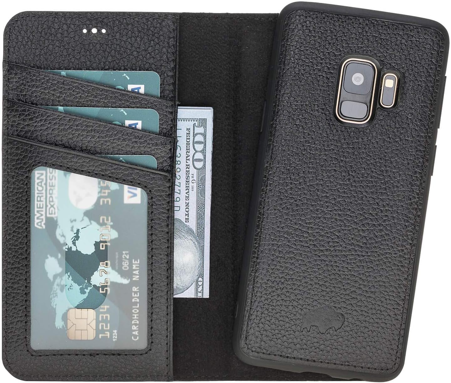 Burkley Case Carson Premium Genuine Leather Magnetic Detachable Snap-on Case Wallet with Flap Closure for Samsung Galaxy S9 (Rolex Black)