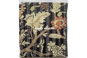 Sambhav Quilt Hub Hand Block Floral Print Handmade Cotton Block Kantha Quilting Boho Bedding Throw Blanket Hippie Queen/King Size Bohemian Floral Kantha Quilt (Black, 60X90 inch)