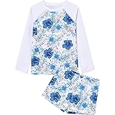 Ewbob 2 Piece Girls Rash Guard Set Long Sleeves Swimsuit Quick Dry Swimwear Beach Shorts Summer Bathing Suits for 3-12 Years