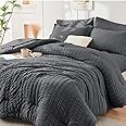 HYMOKEGE 7 Piece King Size Comforter Set Seersucker, All Season Luxury Bed in a Bag for Bedroom, Bedding Set with Comforters, Sheets, Pillowcases & Shams, Dark Grey