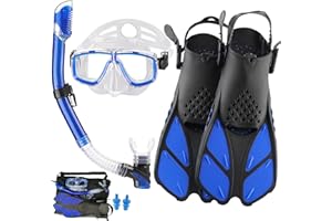 DiVLMT Snorkeling Gear for Adults with Fins Scuba Diving Gear Adult Professional Travel Snorkel Sets with Flippers,Anti-Fog Anti-Leak Diving Mask