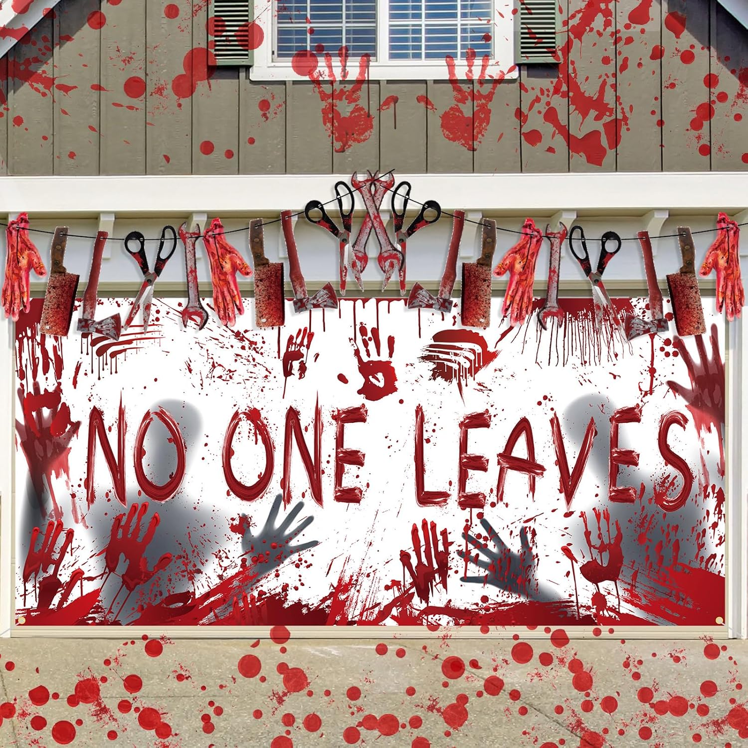 Garage Door Decorations - Qeeenar Halloween Garage Door Cover Halloween Garage Door Banner with 2 Bloody Party Halloween Banner for House Yard Wall Scary Horror Handprints Backdrop Birthday Holiday Party Decorations Supplies