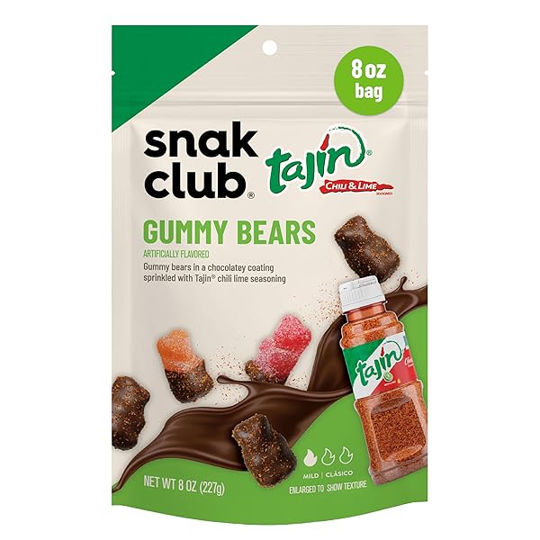 SNAK CLUB TAJIN CHOCOLATEY GUMMY BEARS, ASSORTED CHOCOLATE COVERED FRUIT CANDY GUMMIES WITH CHILI AND LIME SEASONING, MILD, GLUTEN-FREE SNACKS, 8 OZ RESEALABLE BAG