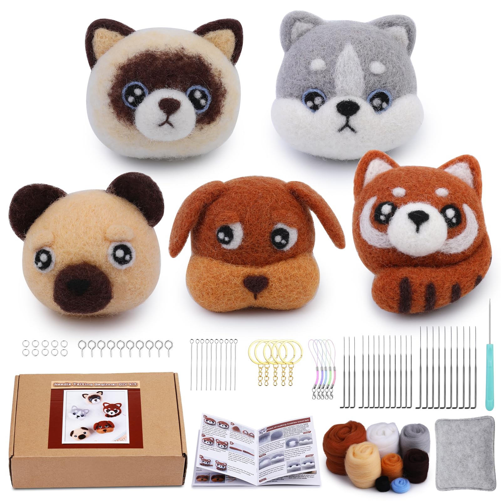 UOOU Needle Felting Kit,Needle Felting Animals Beginner Starter Kit,Wool Felt Keychain Set Included Wool Roving,Needle Felting Pad,Felting Needles,Needle Felting Supplies