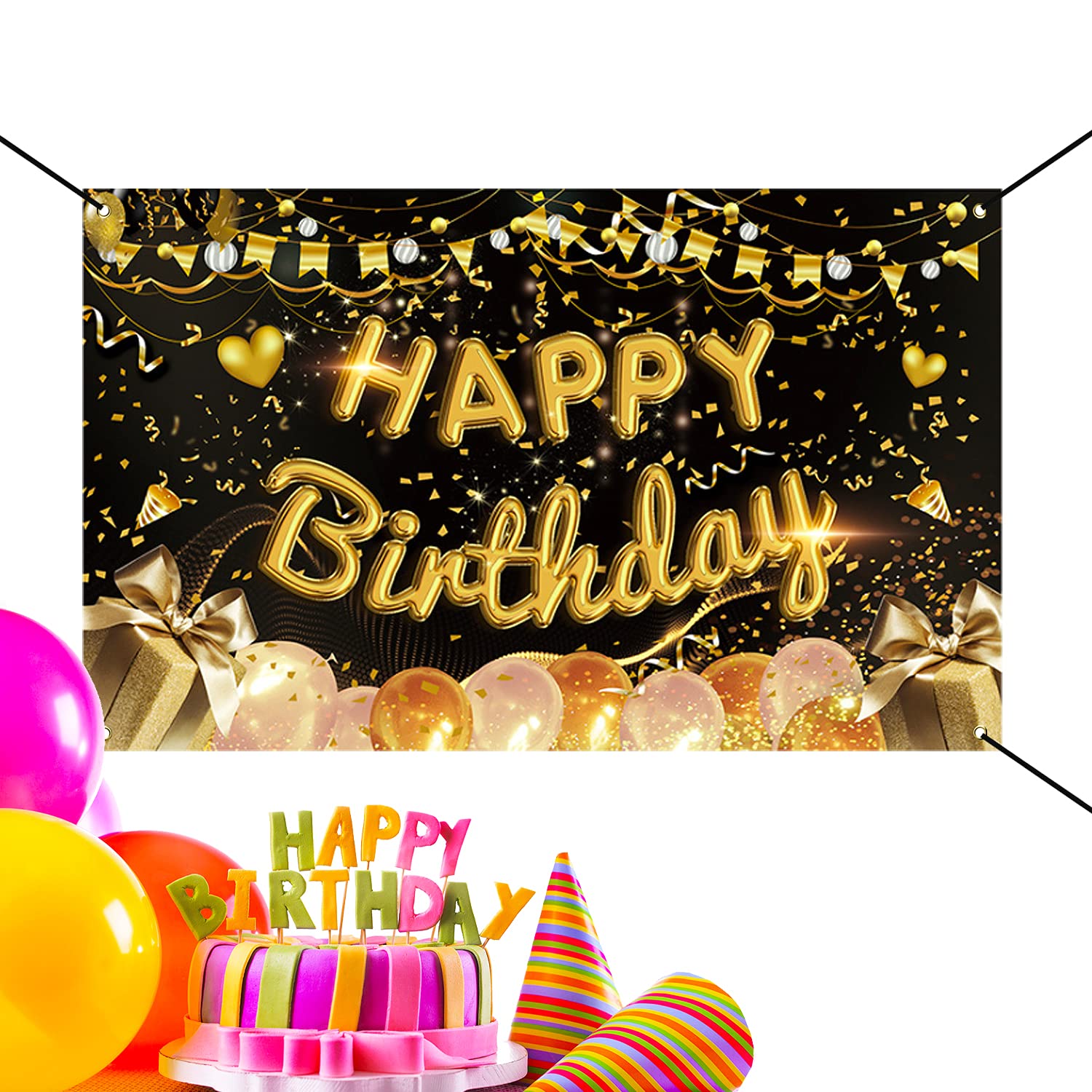 Happy Birthday Backdrop Banner, Large Black Gold Birthday Party Sign Poster Photo Booth Photography Backdrop Background Party Decorations for 10th 30th 40th 50th 60th 70th Birthday Party, 43.3 x 71"