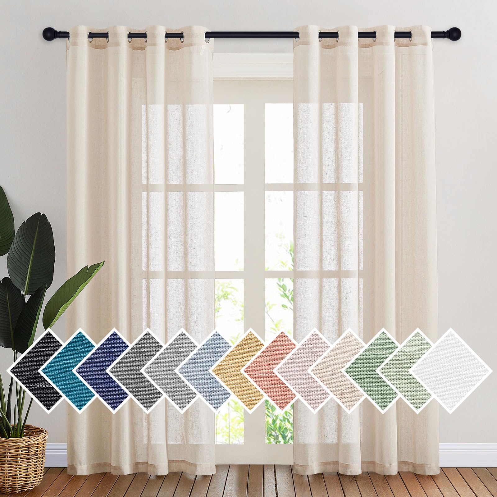 PONY DANCE Beige Net Curtain with Eyelets Linen Effect Home Decor Light Filtering Soft Half Transparent, L 140 x H 220 cm, Beige, 2 Panels