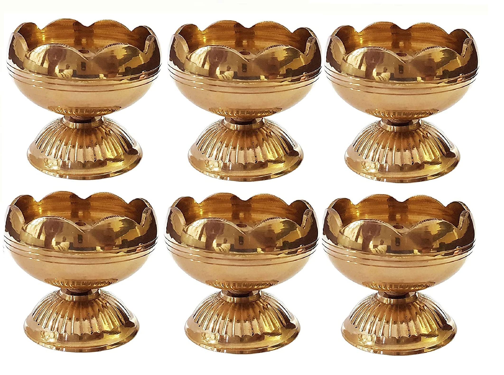 SATVIK 6 Pc Brass Diya for Diwali Decoration. Handmade Golden Virgin Brass Metal Oil Lamp Dia Kutthu Vilakku for Puja Pooja. Traditional Indian Deepawali Housewarming Return Gift Items Bulk