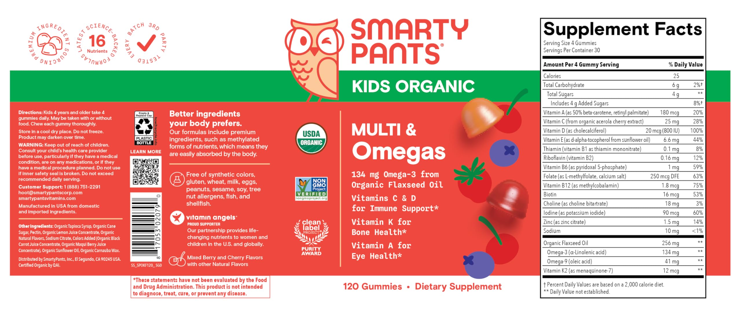 SmartyPants Organic Kids Multivitamin Gummies: Omega 3 (ALA), Vitamin D3, C, Vitamin B12, B6, A, K & Zinc for Immune Support, Biotin, Vegetarian, Three Fruit Flavors, 120 Count (30 Day Supply)