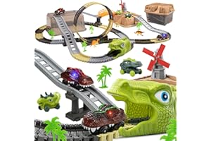 TUMAMA KIDS TUMAMA Dinosaur Toys Race Track, 255 PCS Create A Dinosaur World Road Race Tracks, Flexible Train Tracks with 3 Dinosaurs Figures, 4pcs Dinosaur Car for 3 4 5 6 Year Old Boys Girls Birthday Party Gift